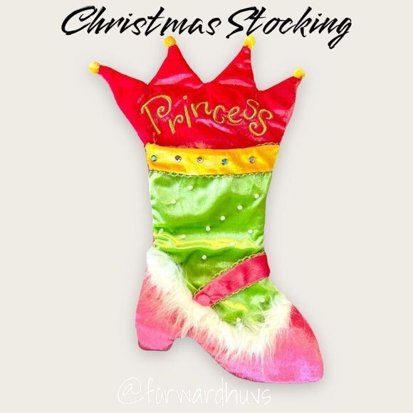 Dan Dee "Princess" Pearl Embellished Pink Shiny Velour Christmas Stocking 19" - Picture 1 of 8
